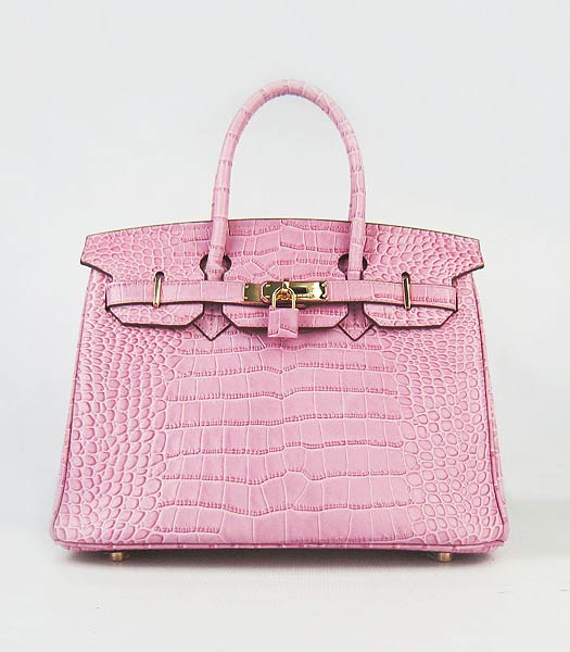 Hermes Birkin 30cm Bag Pink Croc Veins Leather Golden Metal