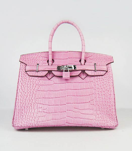 Hermes Birkin 30cm Bag Pink Croc Veins Leather Silver Metal