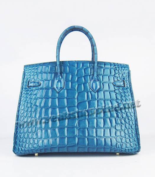 Hermes Birkin 35cm Bag Middle Blue Big Croc Veins Leather Golden Metal-2