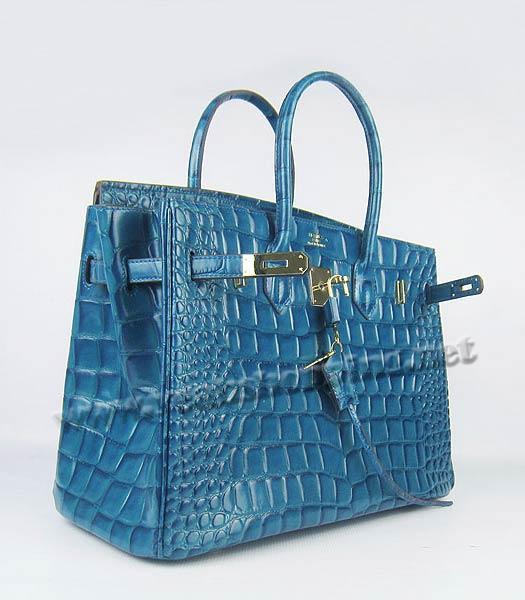 Hermes Birkin 35cm Bag Middle Blue Big Croc Veins Leather Golden Metal-3