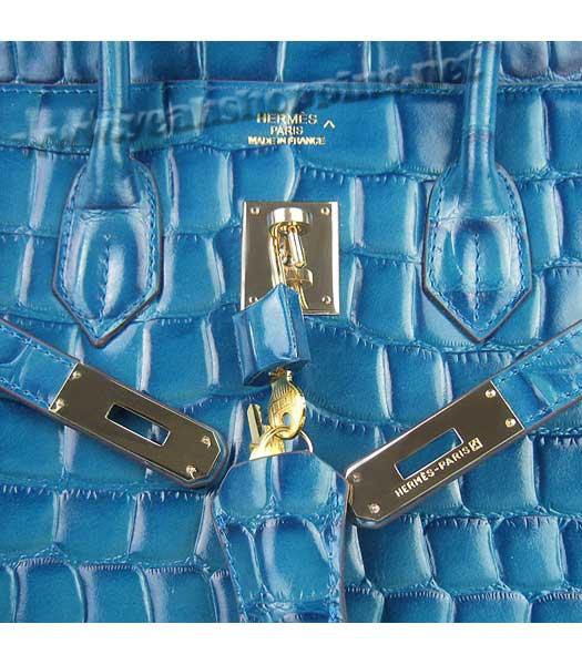 Hermes Birkin 35cm Bag Middle Blue Big Croc Veins Leather Golden Metal-6