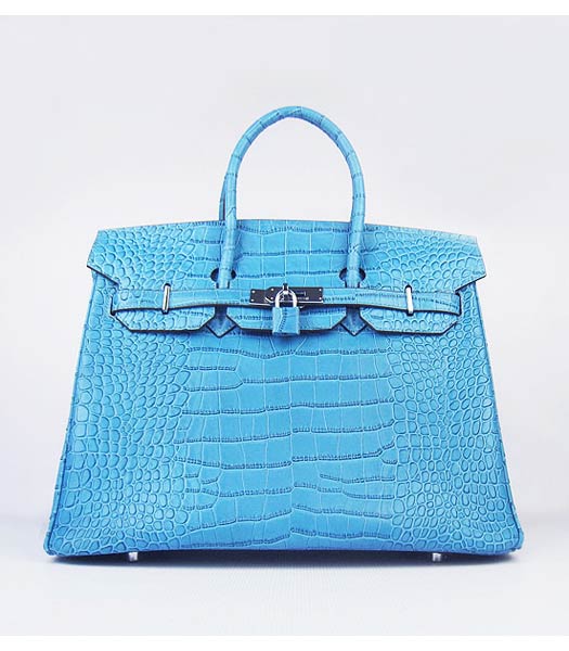 Hermes Birkin 35cm Bag Middle Blue Croc Veins Leather Silver Metal