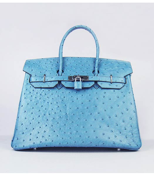 Hermes Birkin 35cm Bag Middle Blue Ostrich Veins Leather Silver Metal