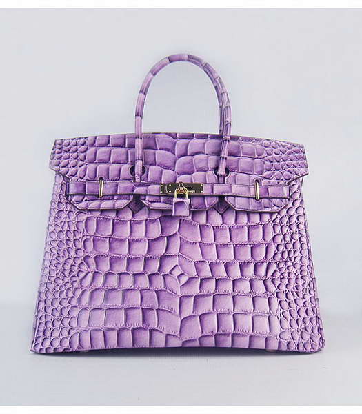 Hermes Birkin 35cm Bag Purple Big Croc Veins Golden Metal