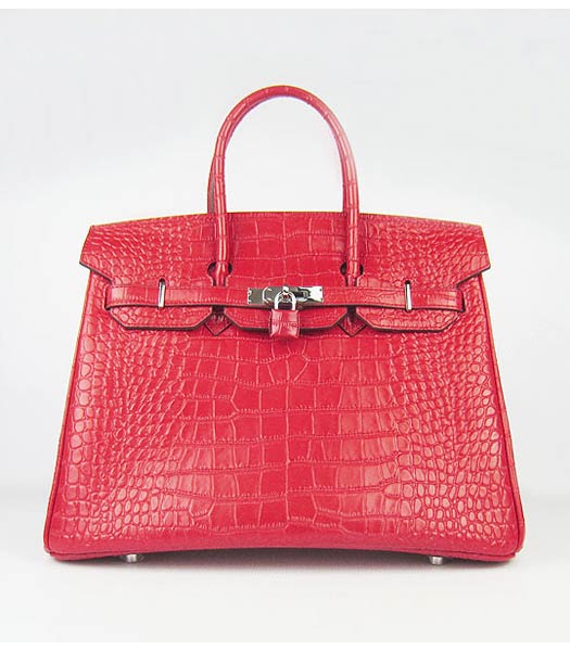 Hermes Birkin 35cm Bag Red Croc Veins Leather Silver Metal