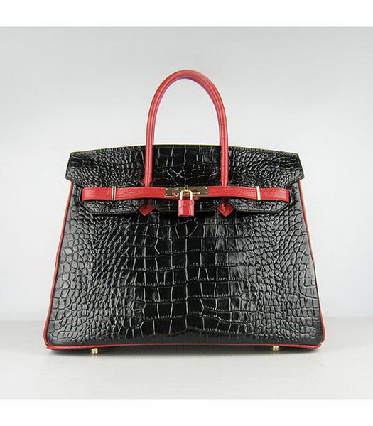 Hermes Birkin 35cm Black-Red Croc Leather Golden Metal