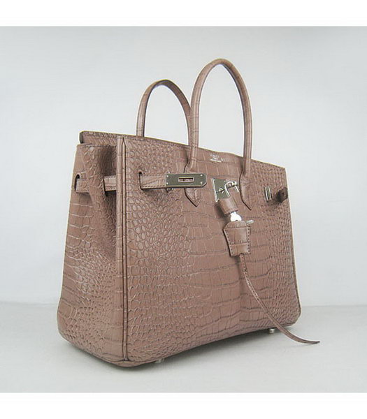 Hermes Birkin 35cm Crocodile Veins Handbags in Light Coffee Calfskin (Silver) -3