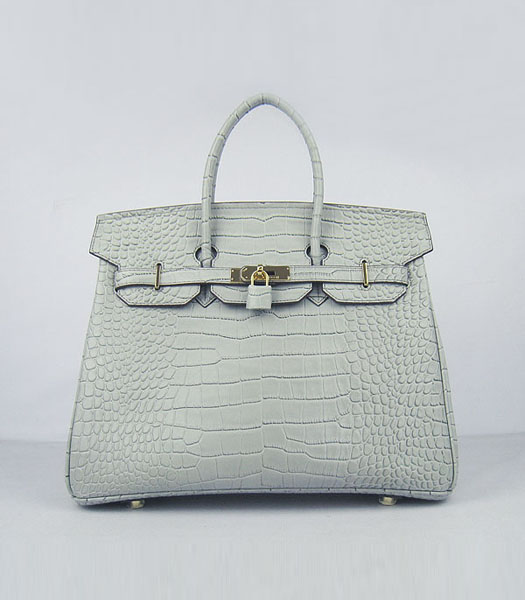 Hermes Birkin 35cm Crocodile Veins Handbags in Silver Grey Calfskin (Gold) 