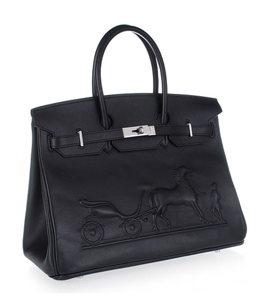 Hermes Birkin 35cm Horse-drawn Carriage Black Plain Veins Bag Silver Metal-1
