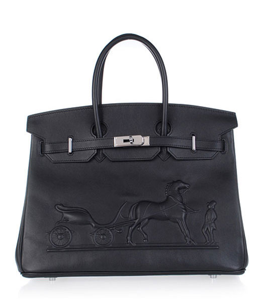 Hermes Birkin 35cm Horse-drawn Carriage Black Plain Veins Bag Silver Metal