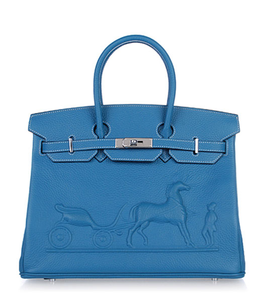 Hermes Birkin 35cm Horse-drawn Carriage Blue Togo Leather Bag Silver Metal