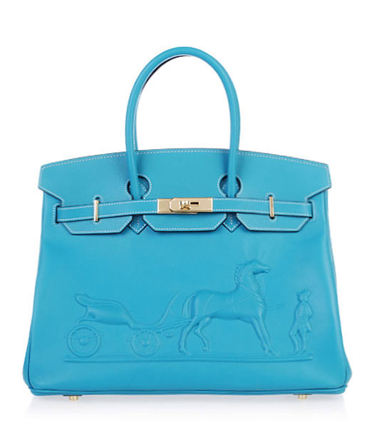 Hermes Birkin 35cm Horse-drawn Carriage Middle Blue Plain Veins Bag Golden Metal