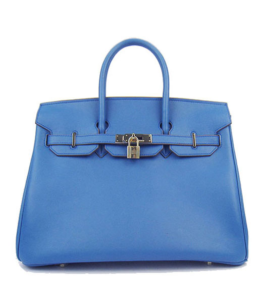 Hermes Birkin 35cm Middle Blue Plain Veins Bag Golden Metal