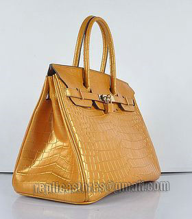Hermes Birkin 35cm Pear Golden Croc Veins Leather Bag Golden Metal-1