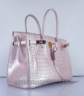 Hermes Birkin 35cm Pear Pink Croc Veins Leather Bag Golden Metal-3