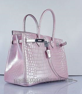 Hermes Birkin 35cm Pear Pink Croc Veins Leather Bag Silver Metal-3