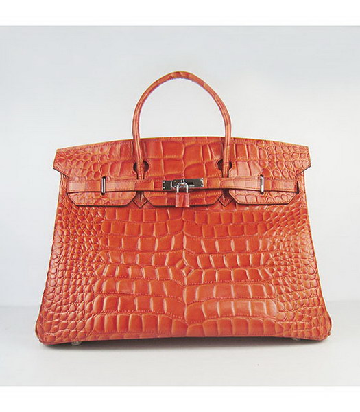 Hermes Birkin 40CM Handbag Orange Big Croc Veins Leather Silver Metal