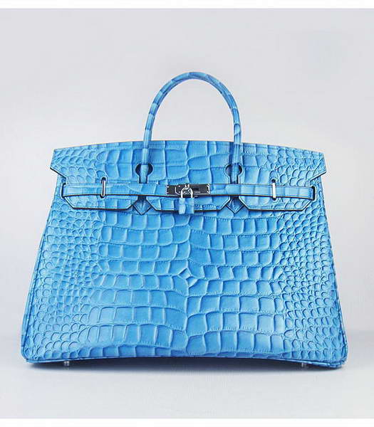 Hermes Birkin 40cm Middle Blue Big Croc Leather Bag Silver Metal