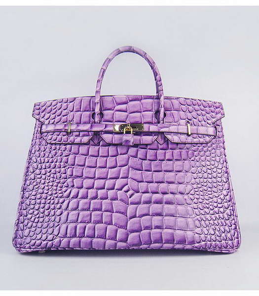 Hermes Birkin 40cm Purple Big Croc Leather Bag Golden Metal