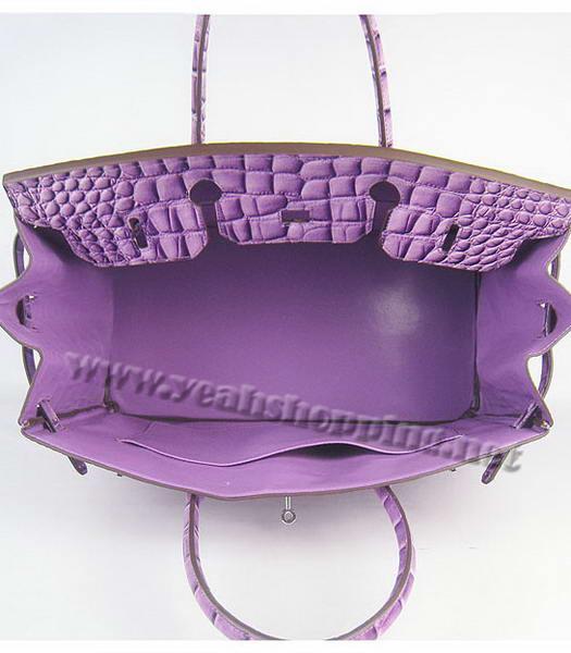 Hermes Birkin 40cm Purple Big Croc Leather Bag Silver Metal-5