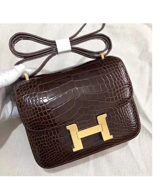 Hermes Constance 18cm Mini Bag Dark Coffee Real Croc Leather Golden Metal