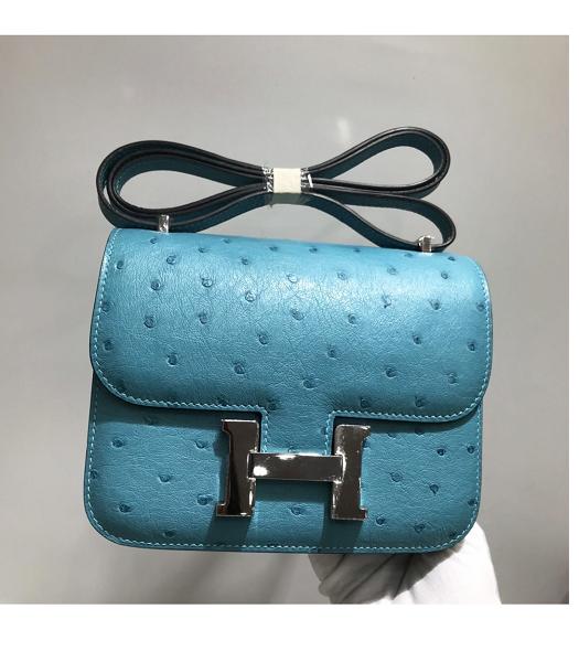 Hermes Constance 18cm Mini Bag Lake Blue Real Ostrich Leather Silver Metal