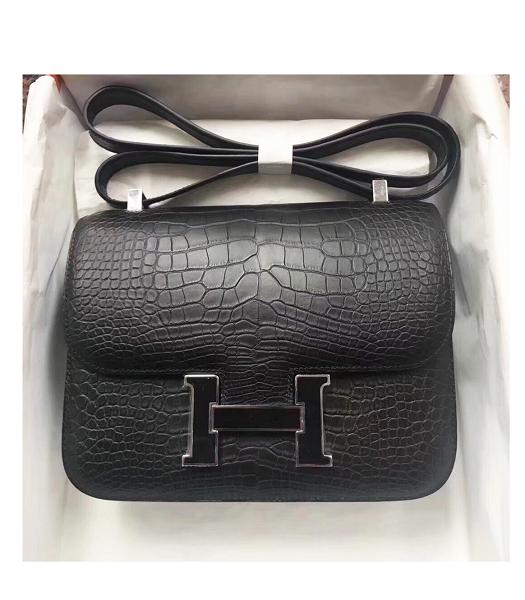 Hermes Constance 24cm Bag Black Real Croc Leather Black Metal