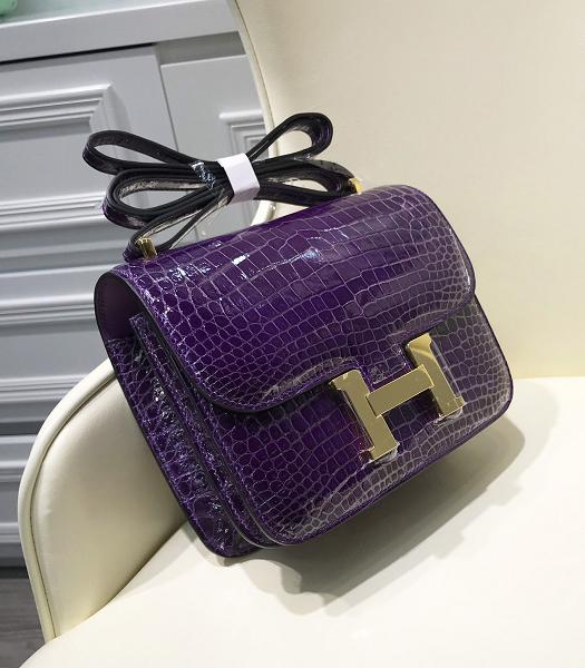 Hermes Constance 24cm Bag Purple Real Croc Leather Gold Metal