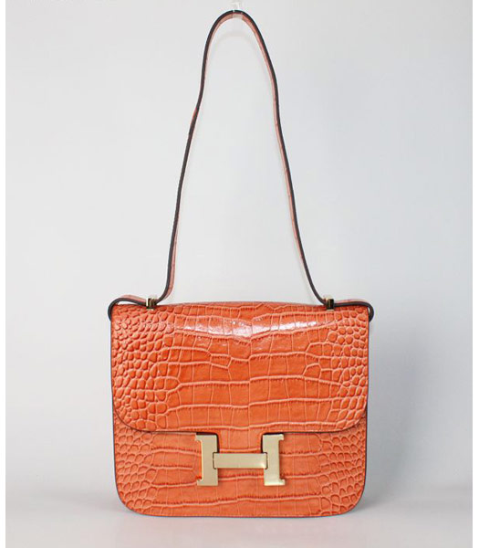 Hermes Constance Bag Gold Lock Orange Croc Veins Leather