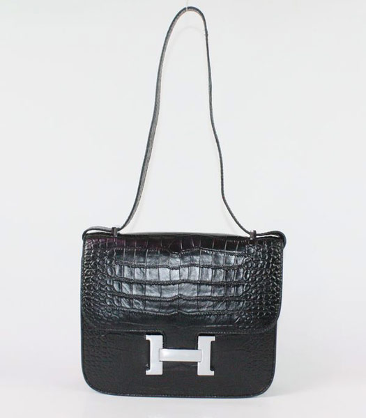 Hermes Constance Bag Silver Lock Black Croc Veins Leather