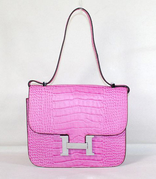 Hermes Constance Bag Silver Lock Peach Red Croc Veins Leather