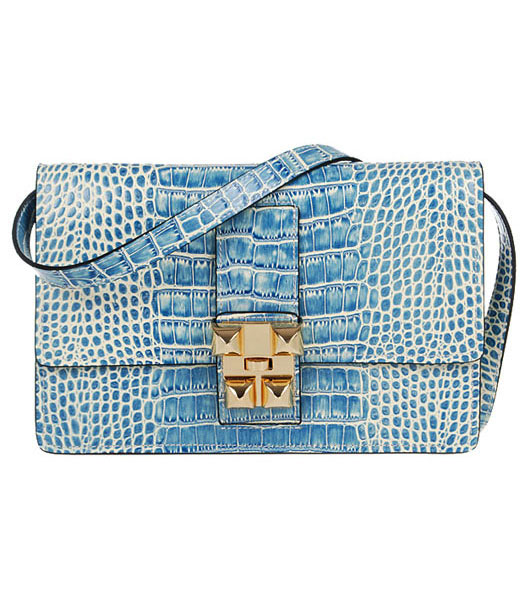 Hermes Croc Veins Leather Handbag In Middle Blue