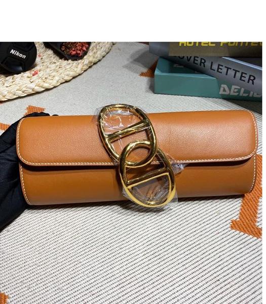 Hermes Egee 25cm Clutch Brown Imported Swift Leather Golden Metal