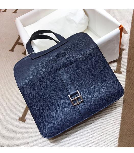 Hermes Halzan 30cm Sapphire Blue Imported Leather Handbag Silver Metal