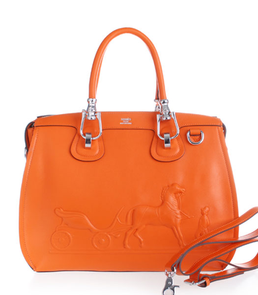 Hermes Horse-drawn Carriage Orange Plain Veins Bag Silver Metal