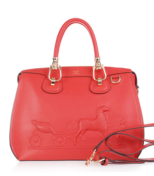Hermes Horse-drawn Carriage Red Plain Veins Bag Golden Metal
