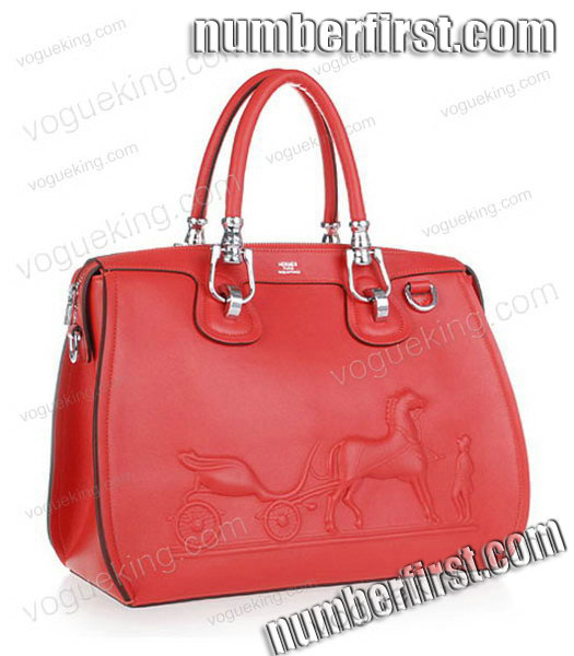 Hermes Horse-drawn Carriage Red Plain Veins Bag Silver Metal-1