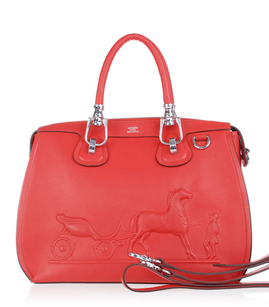 Hermes Horse-drawn Carriage Red Plain Veins Bag Silver Metal