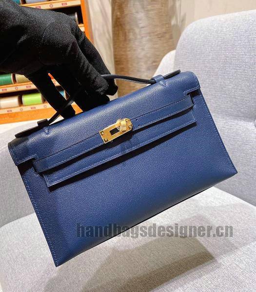Hermes Kelly 22cm Bag Blue Imported Swift Leather Golden Metal-5
