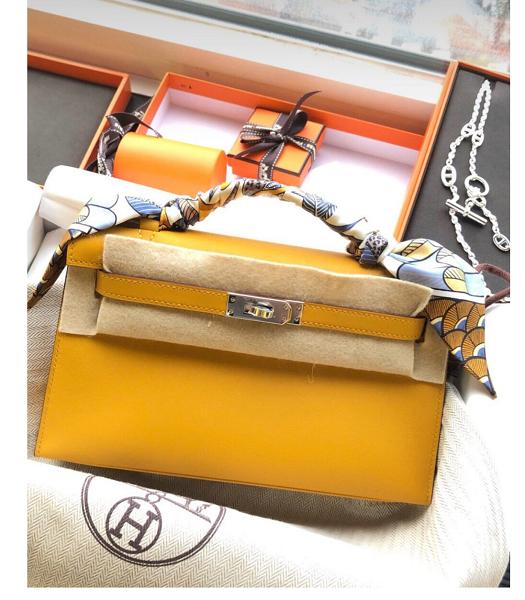 Hermes Kelly 22cm Bag Yellow Imported Swift Leather Silver Metal