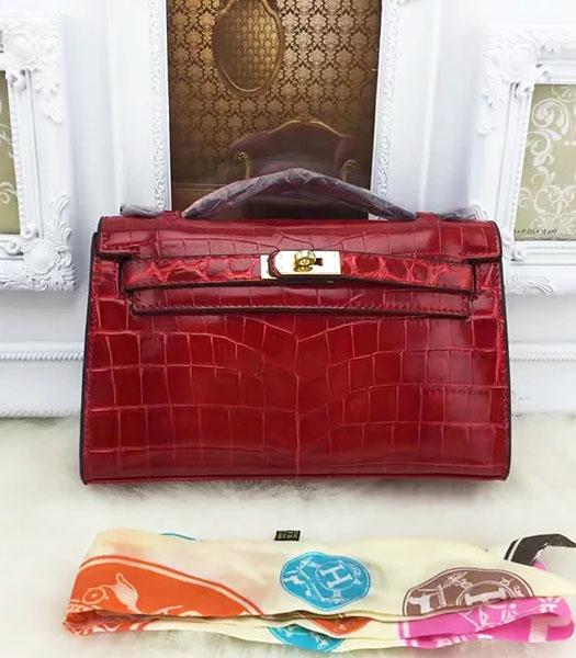 Hermes Kelly 22cm Croc Veins Wine Red Leather Tote Bag Golden Metal