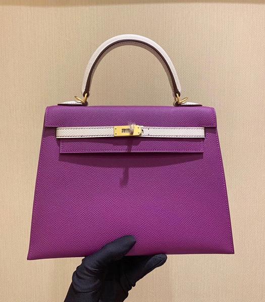 Hermes Kelly 25cm Bag Purple/White Imported Epsom Leather Golden Metal
