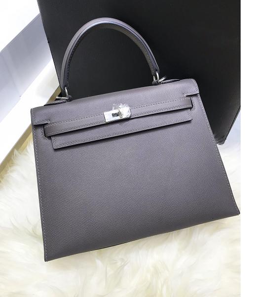 Hermes Kelly 25cm Tote Bag Grey Imported Togo Leather Silver Metal