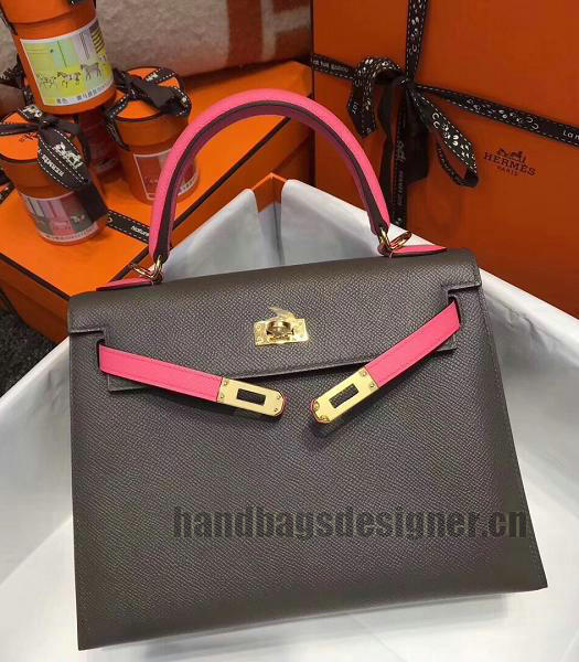 Hermes Kelly 28cm Grey/Pink Imported Lambskin Leather Bag Golden Metal-3