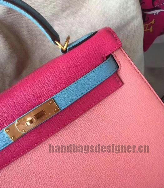 Hermes Kelly 28cm Pink/Blue Imported Lambskin Leather Bag Golden Metal-3