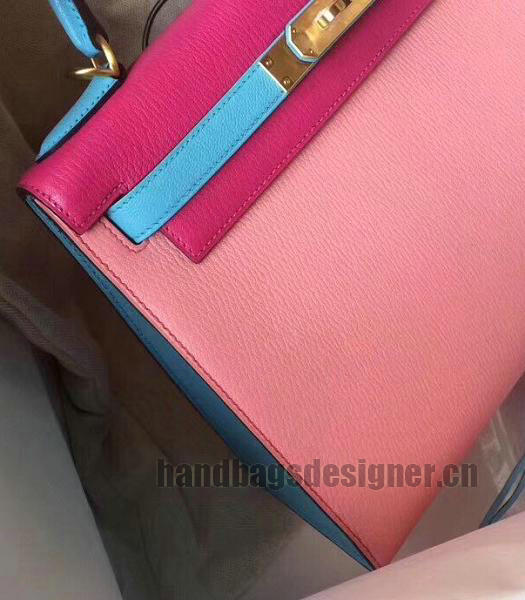 Hermes Kelly 28cm Pink/Blue Imported Lambskin Leather Bag Golden Metal-6