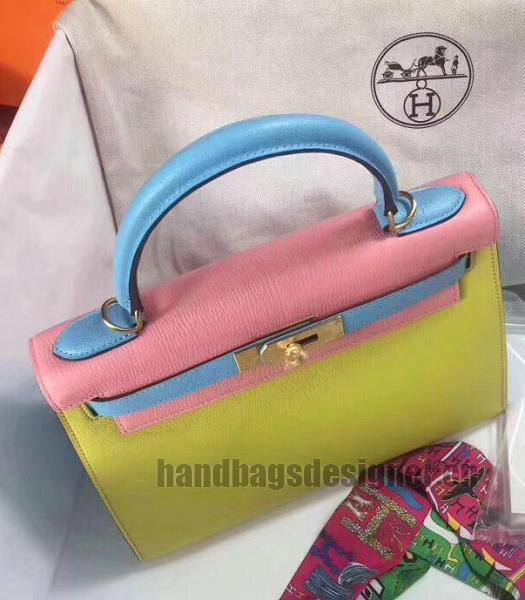 Hermes Kelly 28cm Yellow/Pink Imported Lambskin Leather Bag Golden Metal-5
