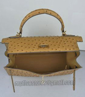 Hermes Kelly 32cm Apricot Ostrich Veins Leather Bag with Golden Metal-5