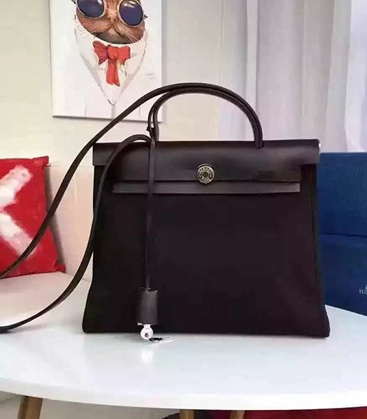 Hermes Kelly 32cm Black Fabric With Black Leather Bag