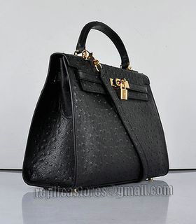 Hermes Kelly 32cm Black Ostrich Veins Leather Bag with Golden Metal-1